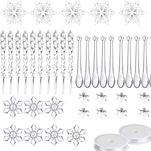 Binjor 50 Pcs Navideños Adornos carámbano Acrílico Copos de nieve Gota de agua Decoraciones para árboles de Navidad Copos de nieve de cristal transparente(2 bobinas gratis)