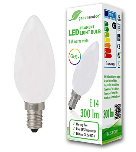 Bombilla de filamento LED greenandco® IRC 90+ E14 opaca 3W (corresponde a 28W) 300lm 2700K (blanco cálido) 360° 230V AC vidrio, sin parpadeo, no regulable