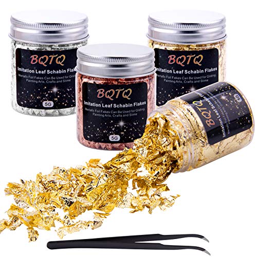 BQTQ 4 Cajas Copos de Oro Hojuelas de Pan de Oro Láminas Oro con 1 Pieza Pinza para Uñas Arte Manualidades Decoración (5g/Caja)