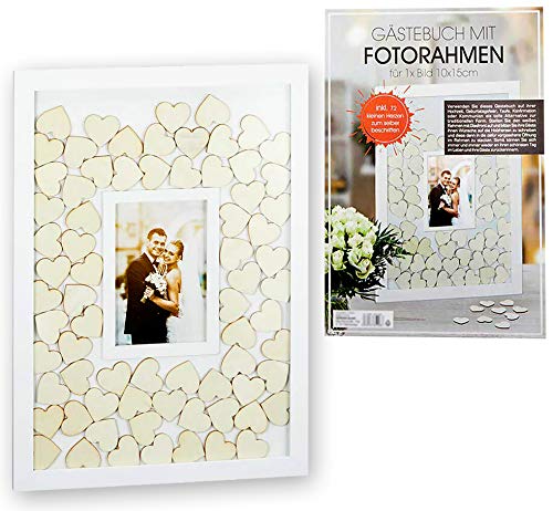 Brandsseller Libro de visitas con marco de fotos integrado para bodas, ocasiones especiales, con 72 corazones de madera para escribir Brandsseller Libro de visitas con marco de fotos integrado para bodas, ocasiones especiales, con 72 corazones de madera para escribir