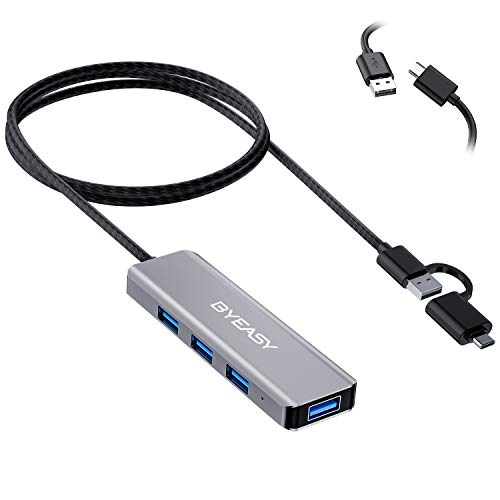 BYEASY - Hub USB 3.0 de 4 puertos USB 3.1 con cable micro USB, USB tipo C [Thunderbolt 3] a USB Hub con cable OTG trenzado de 2 pies, divisor USB para MacBook Pro, Oculus Rift S, Ps4