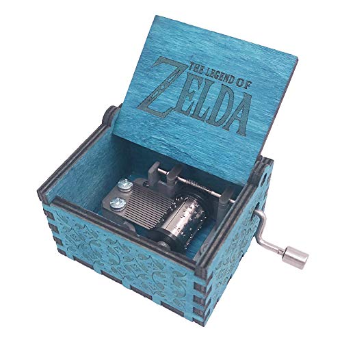 Caja musical de madera tallada con manivela de la leyenda de Zelda, tamaño mini, juego Zelda Song of Storms de Ocarina of Time, azul