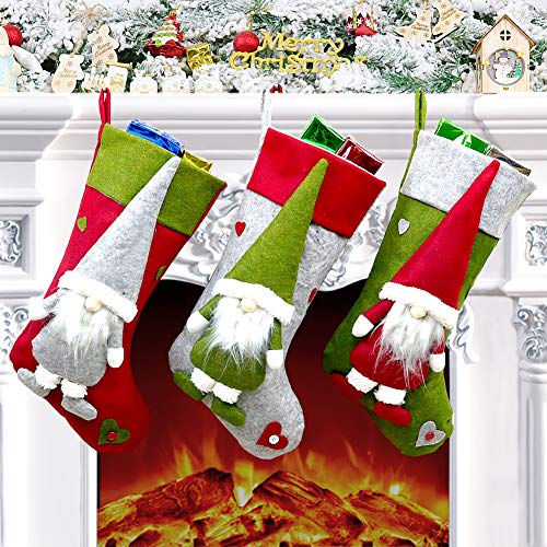 Calcetín Navidad Grande Juego de 3, 49 x23 cm Medias de Navidad Bolsa de Regalo, Decoración Navidad Tema de Felpa 3D Gnomo de Navidad Sueco, Adorno Colgante de Navidad para Árbol de Navidad, Chimenea