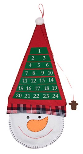 Calendario de Adviento Colgante - Cuenta atrás de 24 días hasta Navidad - Estilo clásico - Ideal para el hogar o la Oficina - Tela - Muñeco de Nieve con Sombrero de Copa - Rojo y Blanco - 67,3 cm