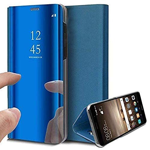 Caler Case Compatible con Samsung Galaxy S7 Edge Funda Cuero PU Espejo Brillante Clear View Modelo Fecha Duro Cover Flip Tapa Libro Soporte Plegable Ventana de Espejo Transparente Carcasa(Azul)