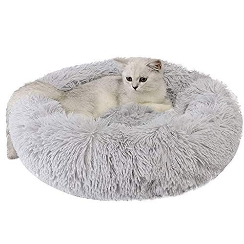 Cama para Perros Gatos Mediano Pequeño - Camas Cojin Redonda Antiestres Suave Lavables, Cálido Felpa Cama Interior Invierno para Mascotas y Cachorro Medianos Pequeños (L-60cm/23.6in, gris claro)