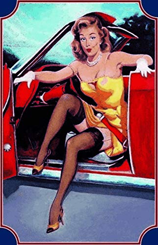 Cartel de chapa NWFS Pinup de mujer subida del coche rojo, cartel de metal, cartel de metal curvado lacado, 20 x 30 cm