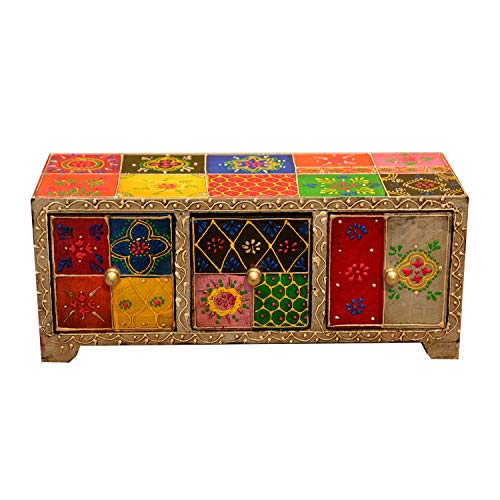 Casa Moro | Mini-comodidad oriental Chandi con 3 cajones 28x11x10 cm (A/P/A) de madera | gabinete de boticario pintado a mano Caja de joyas | Decoración original de la idea del regalo | MA27-05