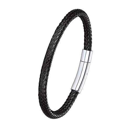 ChainsPro 5MM Pulsera Flexible Cierre Metal Color Negro 18 cm Largo Cuerdas Cruzadas de Cuero Cadena de Cera Joyería para Muñecas Impermeable Piel Verdadero