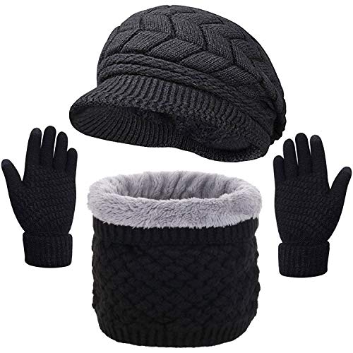 CheChury Gorras Invierno con Bufanda y Guantes Mujer Moda Calentar Sombreros Gorras de Punto Forro de Lana Guantes Táctiles Deportes de Invierno