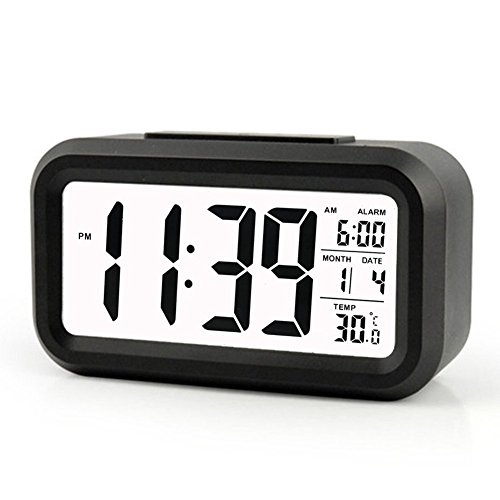 Cisixin LED Inteligente Reloj Despertador Digital, a 5 Minutos de Pausa, con Pantalla Grande, Cabezada, Fecha, Temperatura y Sensor de Luz (Negro)