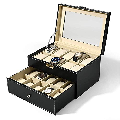 CLJ-LJ Relojes Joyero Caja de reloj de 2 capas de cuero de la PU del caso de exhibición de almacenamiento Relojes de joyería de la mancuerna con la cerradura exhibición del reloj (Color: Negro, tamaño