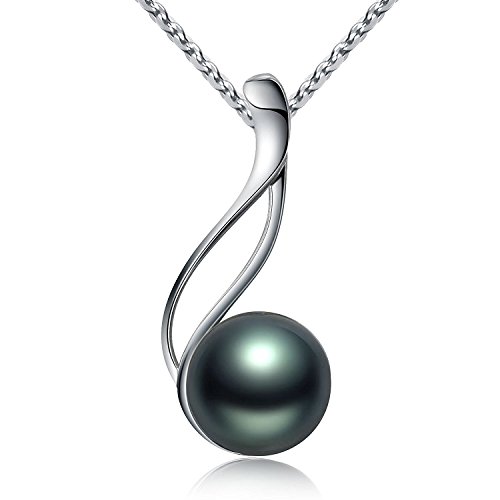 Collar de perla negra Tahití Joyería de plata Colgante de 9-10mm perla negra de Tahití S925 Para las mujeres Regalo san valentín VIKI LYNN