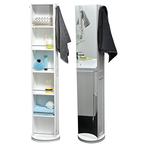 Columna de baño giratoria - 6 estantes + Espejo + 2 colgadores - Color blanco Columna de baño giratoria - 6 estantes + Espejo + 2 colgadores - Color blanco