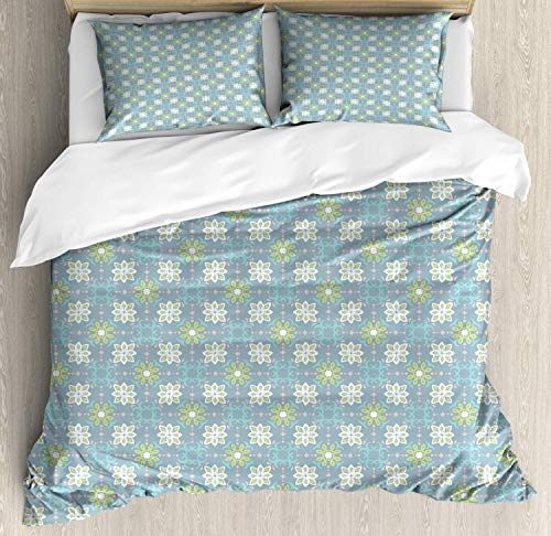 Conjunto de funda nórdica Boho, patrón en tonos pastel tiernos Motivo floral de estilo vintage, juego de cama decorativo de 3 piezas con 2 fundas de almohada, pizarra pálida azul pálido rosa verde esp