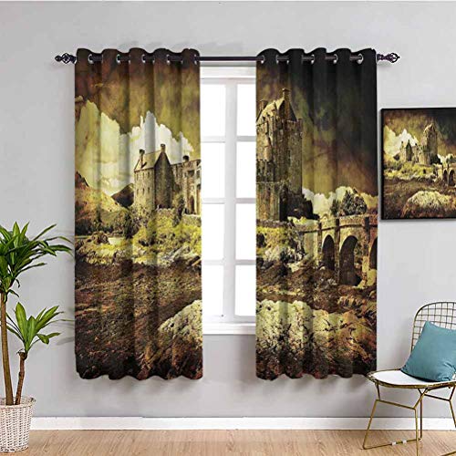 Cortina de tela de decoración medieval antiguo castillo escocés en estilo vintage europeo, de la Edad Media, de la Cultura, de la Ciudad de la Ciudad, 2 paneles Sepia W84 x L84 pulgadas