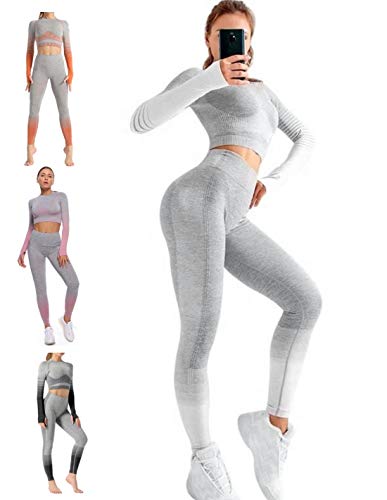 CrisKat Conjunto de Ropa Deportiva para Mujer Top de Running de Manga Larga de 2 Piezas Pantalones de Cintura Alta Yoga Gym Wear (Gris, S)