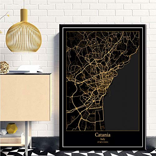 Cuadro En Lienzo,Norte De Europa Negro Moderno Golden Mapa Carteles Catania Italiá Ciudad No Tejida Mural 3D Imagen Vertical Pintura De Pared Arte, Dormitorio Decoraciones Del Hogar Oficina Obras De