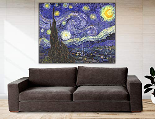Cuadro Lienzo La Noche Estrellada de Vicent Van Gogh - 80x63 cm - Lienzo de Tela Bastidor de Madera de 3 cm de Grosor - Fabricado en España - Impresión en Alta resolución y Calidad (80, 63)