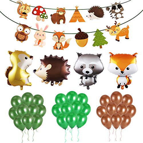 Decoraciones Forestales (36 Piezas) - Decoraciones Animales Del Bosque Partido Globos, Guirnaldas De Papel Para Las Decoraciones De La Fiesta De Cumpleaños De Los Niños Forestales Amigos Temas Partido