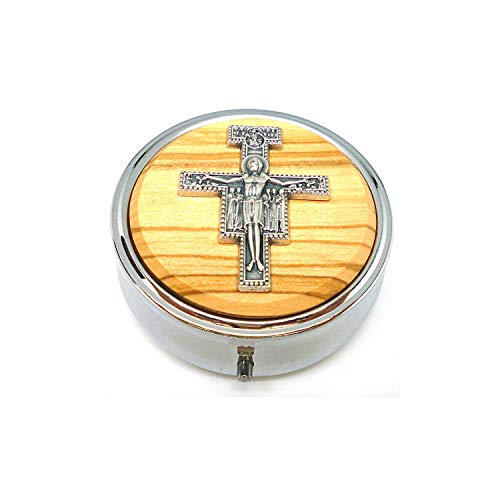 DELL'ARTE Artículos Religiosi - Caja para rosario de 5 cm con inserto de madera de olivo auténtica y placa de metal, cruz San Damiano