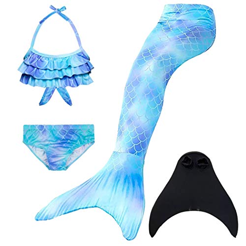 DNFUN - Traje de baño para niña con cola de sirena – Cosplay de princesa para nadar con bikini y monofina, set de 4 unidades Artículo 5 150 cm