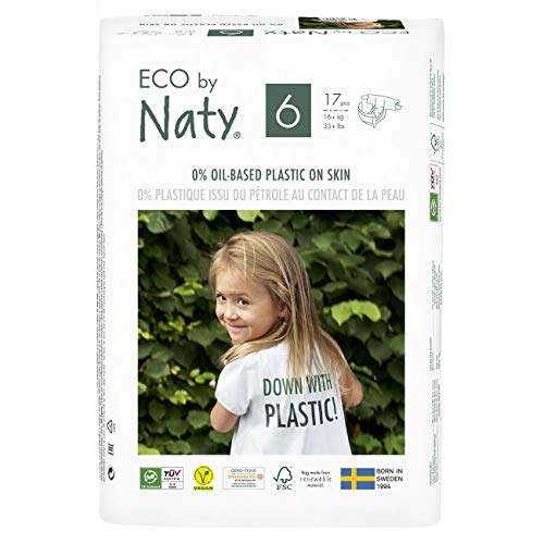 Eco by Naty Pañales, Talla/Tamaño 6, 102 unidades, +16 kg, suministro para UN MES, Pañal ecológico Premium hecho a base de fibras vegetales. 0% plásticos derivados del petróleo en contacto con la piel