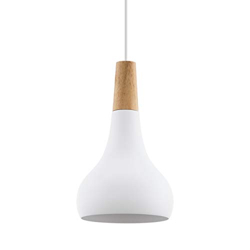 EGLO Lámpara colgante Sabinar, 1 foco, lámpara colgante de acero y madera, color blanco, marrón, casquillo E27, diámetro 18 cm
