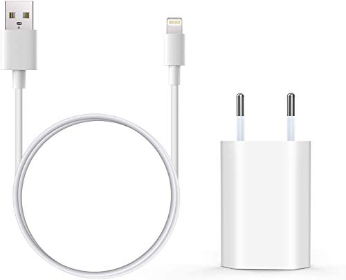 Everdigi Cargador Enchufe Adaptador USB + Cable de Carga para iPhone 5 6 S 7 8 X S Plus (1m) (Blanco)