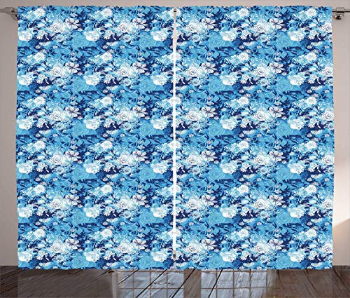 FAFANIQ Flower Curtains, Continuous Pattern of Blue Color Palette Roses, Living Room Bedroom Window Drapes 2 Panel Set, Night Blue Pale Blue Azure Blue and White，57 * 47 Inch