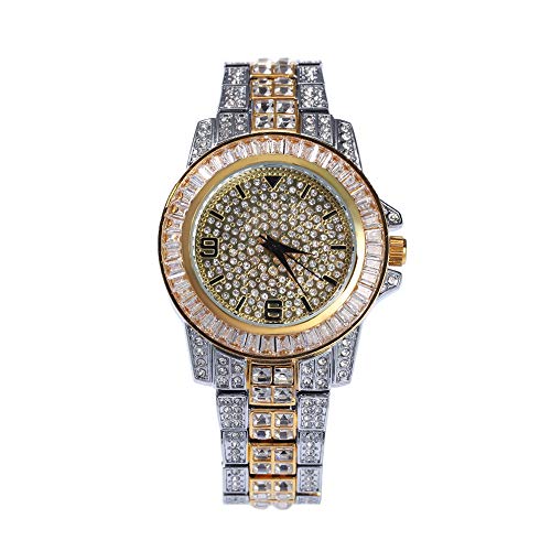 Fantex Reloj de 38 mm con diamantes de imitación austriacos, chapado en oro, con esfera redonda de diamantes de imitación baguette para hombres y mujeres