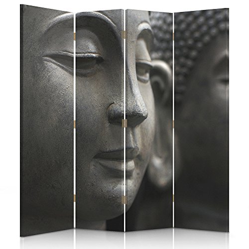 Feeby Frames Biombo Impreso sobre Lona, tabique Decorativo para Habitaciones, a Doble Cara, de 4 Piezas (145x180 cm), Buda, Gris, Negro