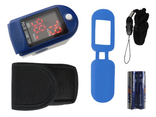 Finger Pulse Oximeter TIGA-50DL CMS-50 DL Blue Heart Rate Monitor SPO2 Oxygen Saturation Measurement with LED Display Including Batteries/Pouch/Silicone Protective Case/Carry Strap and German Plug x 1