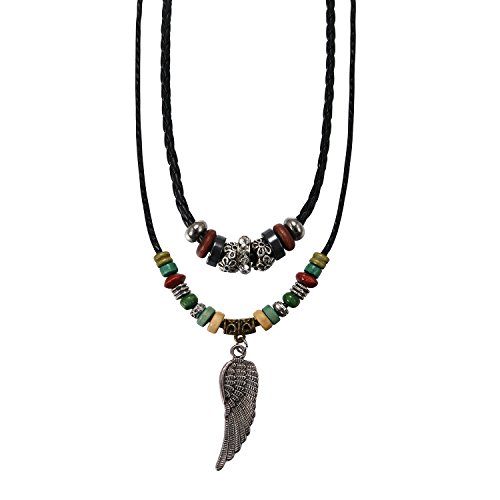 Flongo Collar de Cuero Hombre Collar Trenzado, Colgante de ala de Angel, Collar Ajustable para Hombre Mujer Estilo Etnico Tribal Collar Largo Doble Flongo Collar de Cuero Hombre Collar Trenzado, Colgante de ala de Angel, Collar Ajustable para Hombre Mujer Estilo Etnico Tribal Collar Largo Doble