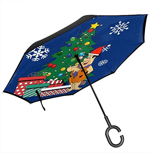 Fred Picapiedra alrededor del árbol de Navidad paraguas invertido de doble capa para el revés del coche plegable al revés de las manos en forma de C, ligero y resistente al viento, regalo ideal