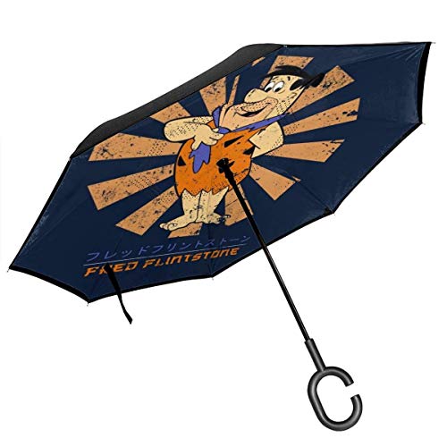 Fred Picapiedra retro japonesa doble capa invertida paraguas para coche reversa plegable boca abajo manos en forma de C, ligero y resistente al viento, regalo ideal