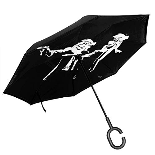 Fred Picapiedra y Barney Pulp Fiction paraguas invertido de doble capa para coche reversa plegable boca abajo manos en forma de C, ligero y resistente al viento, regalo ideal