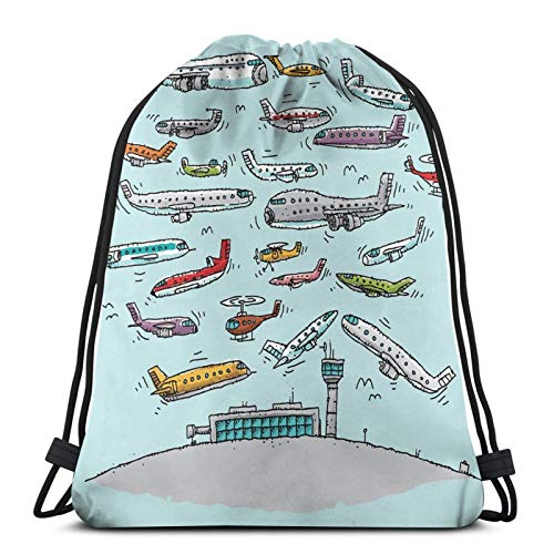 Fuliya Gym Drawstring Bags Backpack,Planes Fying In Air Aviation Love Airport Helicopters And Jets Cartoon,Unisex Drawstring Backpack