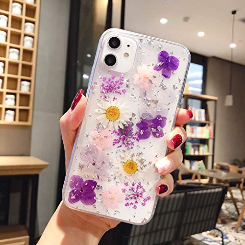 Funda para iPhone XS Max con flores auténticas para teléfono móvil, de goma, transparente, hecha a mano, colorida, secada, para Apple iPhone XS Max, lámina dorada lila