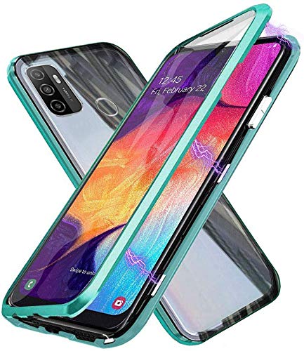 Funda para OPPO A53 / A53s, Adsorción Magnética Cubierta Vidrio Templado Frontal y Posterior Flip Case Marco Metal Bumper Funda Anti Choque Protección 360 Grados Carcasa, Verde