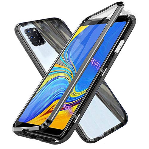 Funda para OPPO A72/ A52/ A92, Adsorción Magnética Cubierta Vidrio Templado Frontal y Posterior Flip Case Marco Metal Bumper Funda Anti Choque Protección 360 Grados Carcasa, Negro