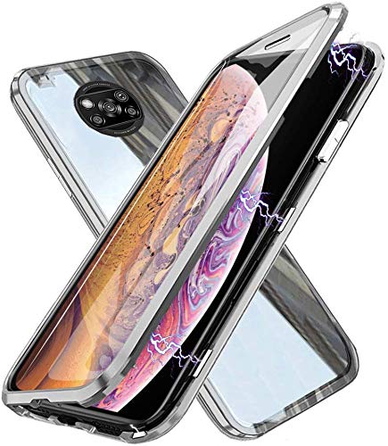 Funda para Xiaomi Poco X3 NFC (6,67"), Adsorción Magnética Cubierta Vidrio Templado Frontal y Posterior Flip Case Marco Metal Bumper Funda Anti Choque Protección 360 Grados Carcasa, Plata