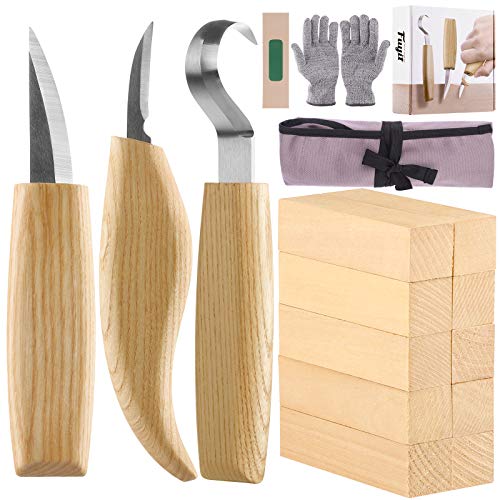 Fuyit Herramientas de Talla de Madera - 17 piezas Conjunto de Herramientas con Cuchillo de Gancho, Cuchillo Whittling, Cuchillo de Detalle, Guantes Resistentes y Bloques de Madera de 10 piezas