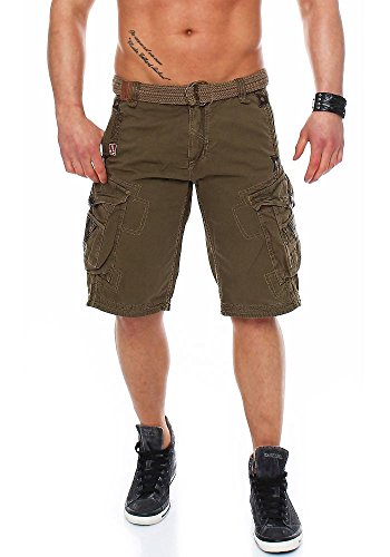 Geographical Norway Pratique Perle - Pantalones cortos cargo para hombre, con cinturón, bordados caqui M