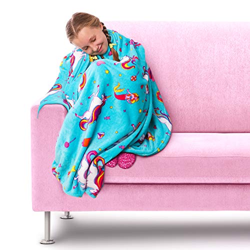 GirlZone Regalos para Niñas - Manta Polar de Unicornio para Niña - Manta de Felpa de Forro Polar Azul Claro - Manta Decorativa Cama Plaid Colores Infantil Regalo 3 a 12 años