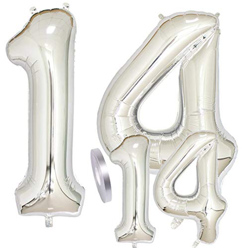 Globos Número 14 Cumpleaños Plata, Helio Globo de Papel Aluminio Gigante Número 14 en 2 Tamaños 40"y 16" con Cinta | Set XXL 100cm + Mini 40cm | Cuatro Numeros | Ideal Decoración de Fiesta