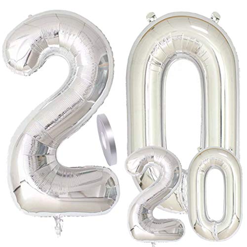 Globos Número 20 Cumpleaños Plata, Helio Globo de Papel Aluminio Gigante Número 20 en 2 Tamaños 40"y 16" con Cinta | Set XXL 100cm + Mini 40cm | Cuatro Numeros | Ideal Decoración de Fiesta