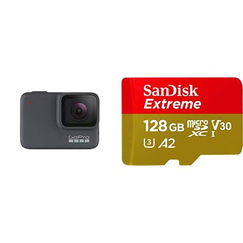 Gopro Hero7 - Cámara de Acción, Sumergible hasta 10M, Vídeo 4K HD, Fotos de 10 MP + SanDisk Extreme - Tarjeta de Memoria microSDXC de 128 GB con Adaptador SD, A2, hasta 160 MB/s, Class 10, U3 y V30