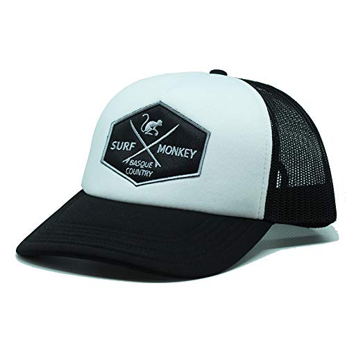 Gorra Tipo Trucker - Visera curvada - talla única - Gorra ajustable Snapback - Parche bordado Surf Monkey - Diseño de 5 paneles con espuma - Envío Gratis - Surfing the Basque Country (blanco / Negro)