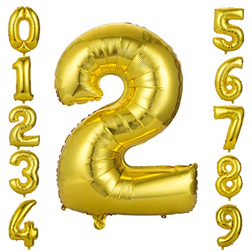 GWHOLE Globos Número 2, Globo Color Oro Globo Grande de Aluminio 1 2 3 4 5 6 7 8 9, Globos para Fiestas de Cumpleaños, Aniversario